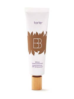 Tube of Tarte BB Blur Tinted Moisturizer tube with SPF 30 Sunscreen, featuring minimalist design and wooden cap