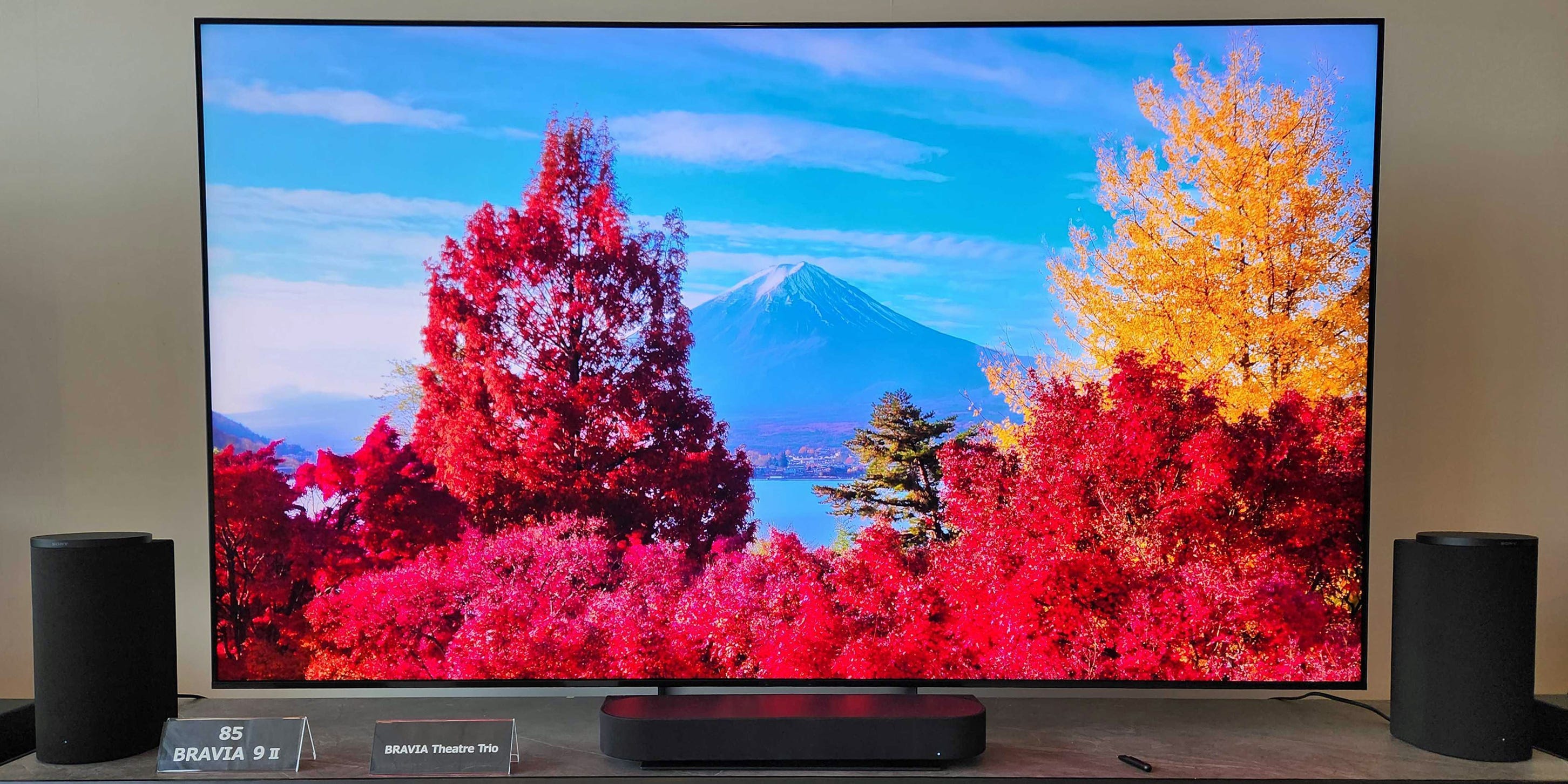 An 85-inch Bravia 9 II True RGB TV displays Mount Fuji in an autumn landscape on its screen, while set up above a console with speakers and a soundbar.