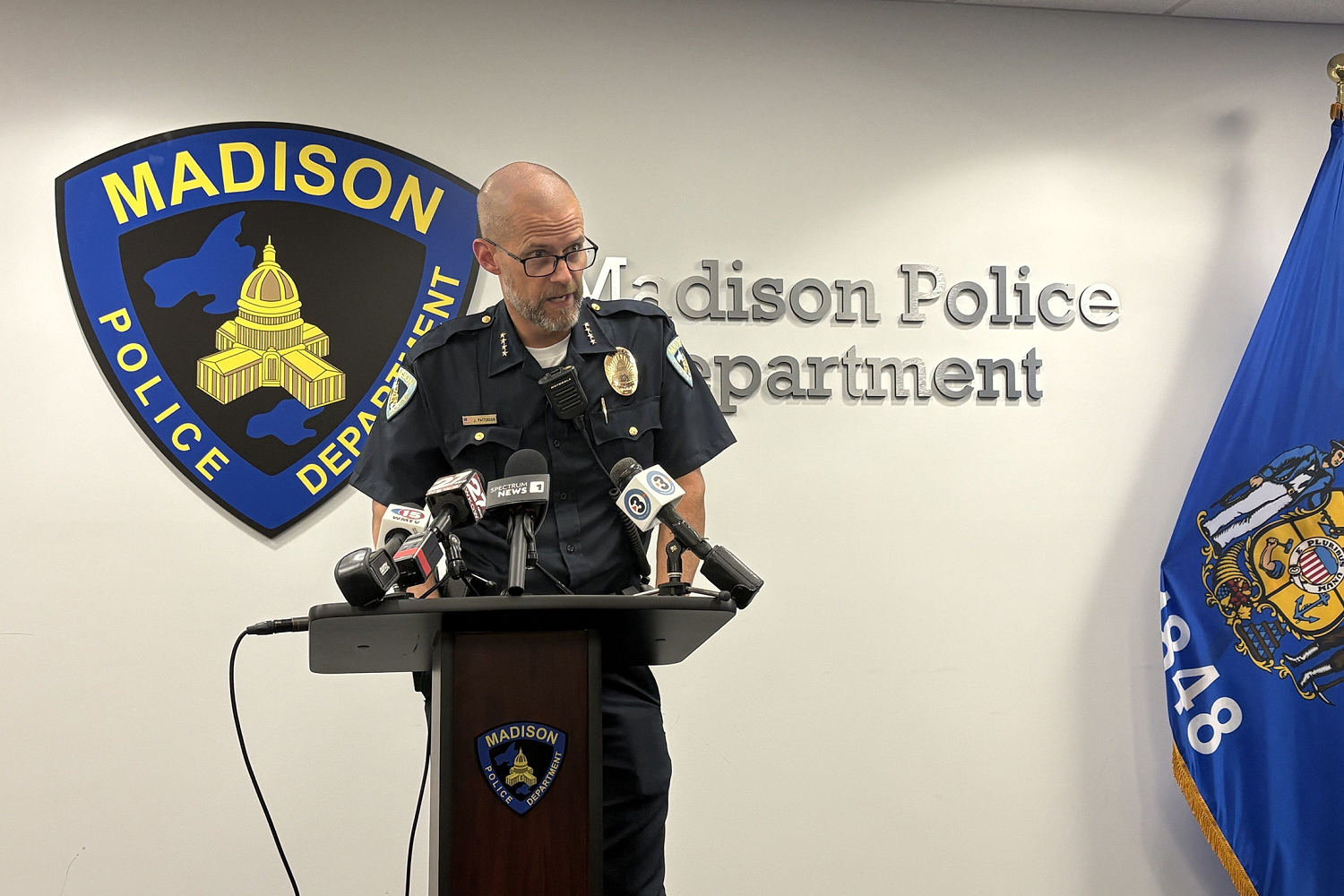 Madison Police Chief John Patterson provides an update on a fatal police shooting incident on Wednesday, July 22, 2026. (Laura Schulte/ / Milwaukee Journal / USA TODAY / Reuters)