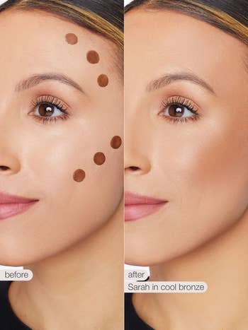Before-and-after comparison of a person's face showing makeup application using Tarte Sculpt Tape contour bronzer