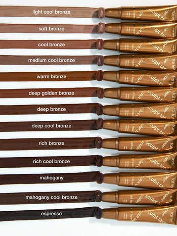 Row of Tarte Sculpt Tape contour and bronzer showcasing all the shades next to open tubes