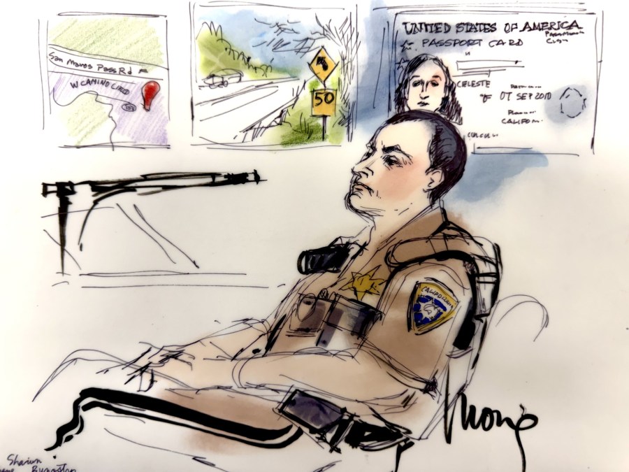 A series of courtroom sketches from the second day of David Burke's preliminary hearing show the defendant seated in court, witnesses testifying at the stand, and an illustration referencing testimony about the discovery of Celeste Rivas Hernandez's identification card in Santa Barbara County.