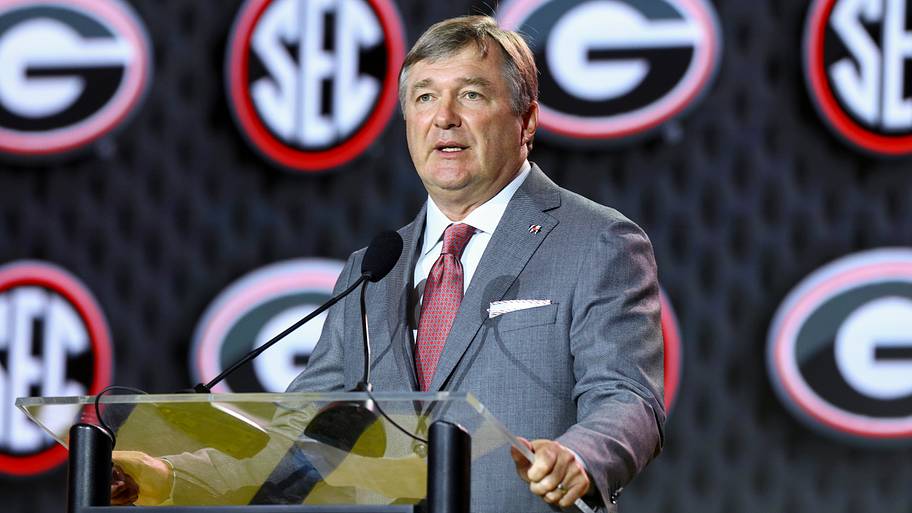 Georgia Bulldogs head coach Kirby Smart speaks to the press during SEC Football Kickoff Media Day.