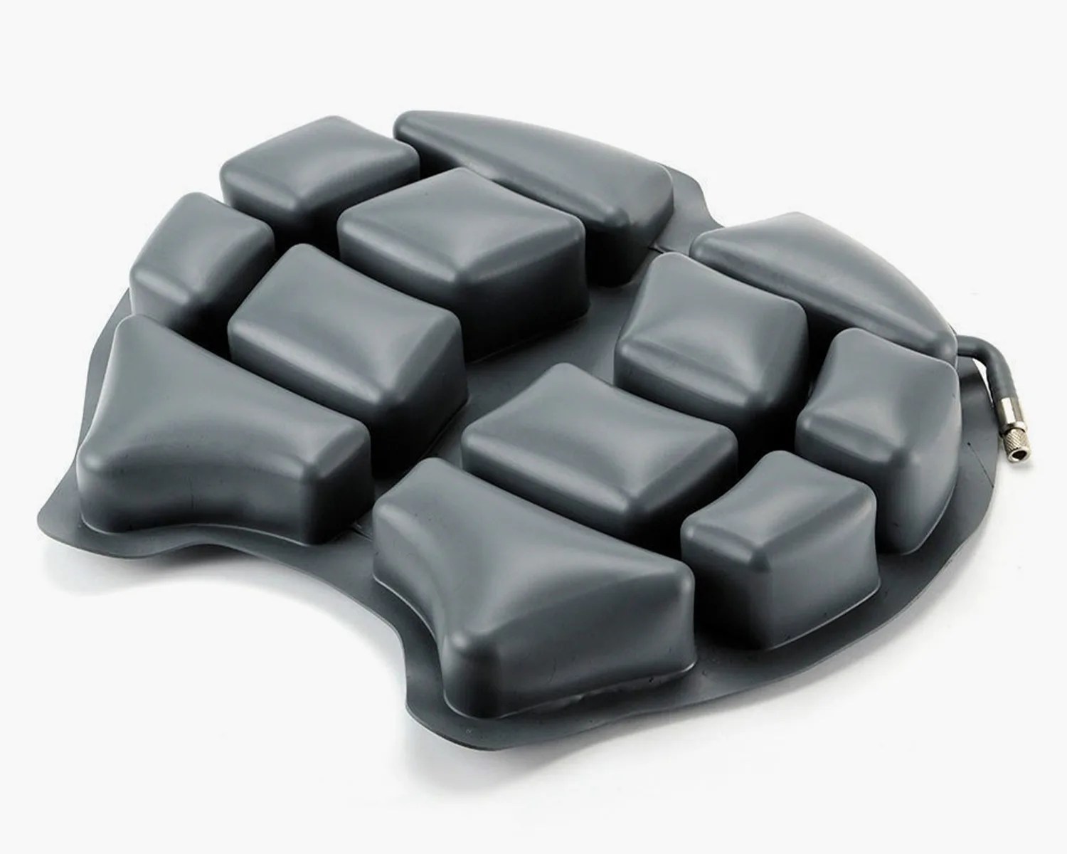 Black inflatable air bladder pad with multiple raised sections and a valve on the side.