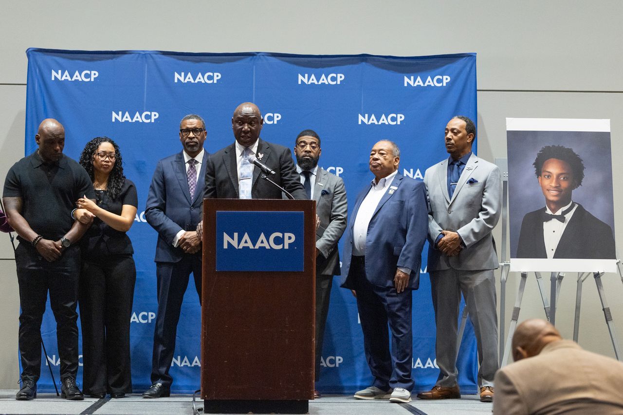 CHICAGO, ILLINOIS - JULY 22: Attorney Ben Crump holds a press conference with Elmore Wonsley and Christine Wells-Wonsley, the parents of Nolan Wells, at the annual NAACP National Convention to announce the results of an independent autopsy as they investigate the death of Wells on July 22, 2026 in Chicago, Illinois.