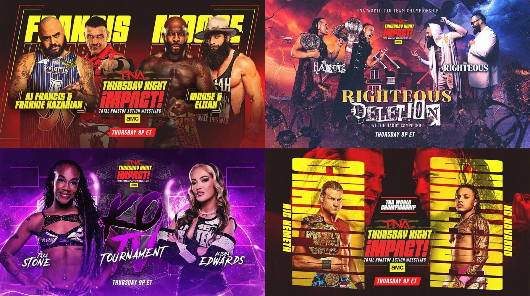 Moose teams up with Elijah against AJ Francis and Frankie Kazarian. The Hardys face the Righteous for the TNA World Tag Team Championship in a Deletion match in the Hardy Compound. Alisha Edwards competes against Jada Stone in a TNA Knockouts TV title tournament first-round match. And Nic Nemeth defends the TNA World Championship against KC Navarro. (TNA Wrestling)