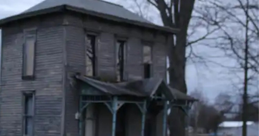 Close-up of the haunted, historic farmhouse porch at Revenant Acres Farm in Indiana.