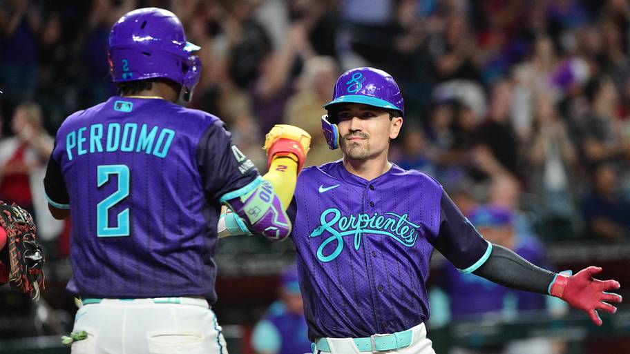 Jul 17, 2026; Phoenix, Arizona, USA; Arizona Diamondbacks right fielder Corbin Carroll (7) celebrates with shortstop