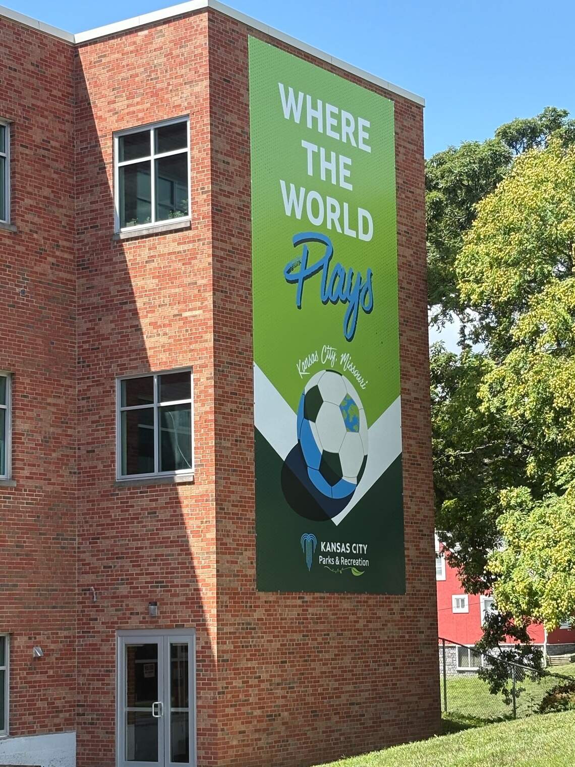 A huge soccer banner adorned the outside of the Kansas City Parks and Recreation Department.