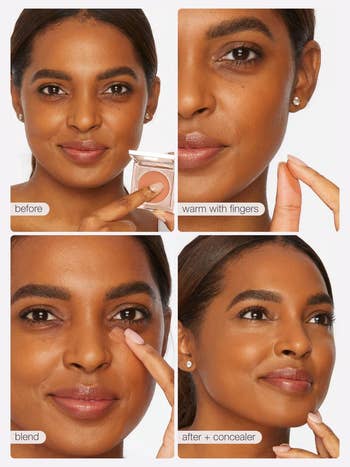 Four steps showing a model applying concealer with fingers: before, warming up, blending, and final look with concealer