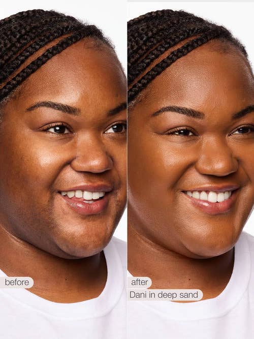 Side-by-side comparison of a person showing makeup coverage with Tarte BB Blur tinted moisturizer
