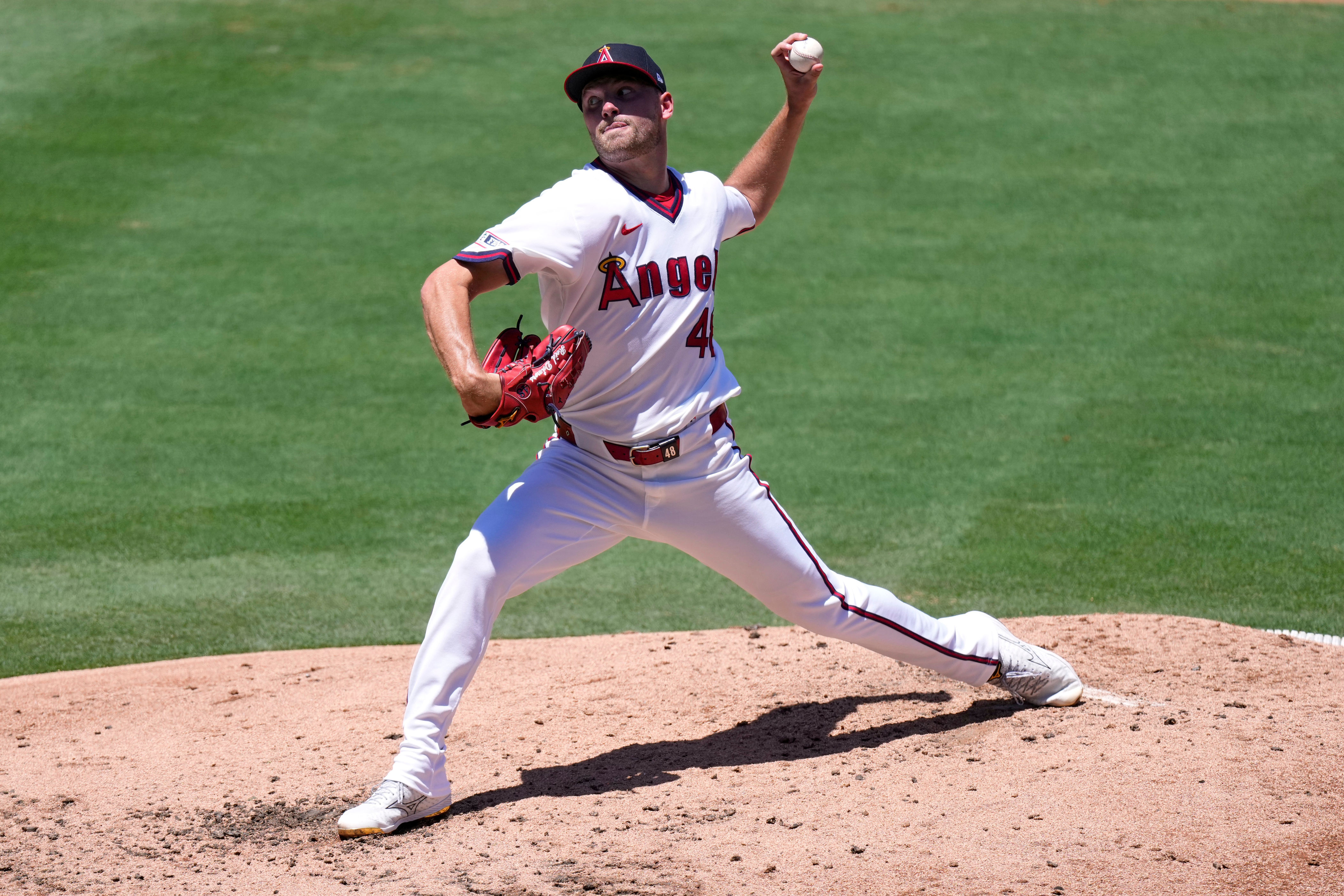 Los Angeles Angels starting pitcher Reid Detmers throws to the plate during the third inning of a baseball game against the St. Louis Cardinals, Wednesday, July 22, 2026, in Anaheim, Calif. (AP Photo/Mark J. Terrill)