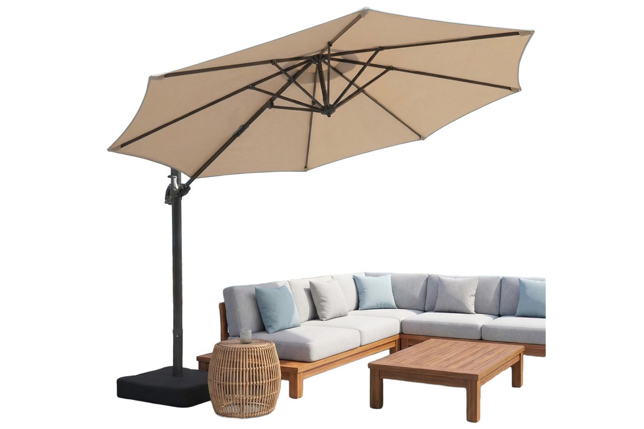 OLILAWN 10FT Outdoor Patio Umbrella with Base Included, Heavy-Duty Frame Cantilever Offset Umbrella with 360° Rotation & Infinite Tilt, UV-Resistant Water-Repellent Shade for Patio, Poolside, Backyard, Beige