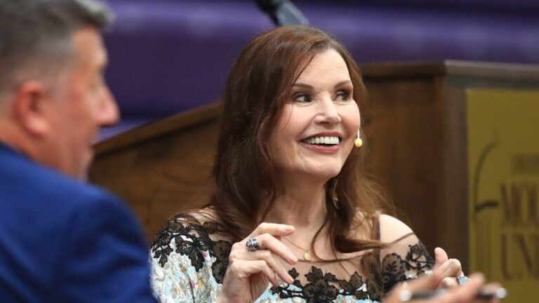 Actress Geena Davis, right, and Mount Union theater professor Kevin Kern, left, engage with the audience Tuesday, April 28,