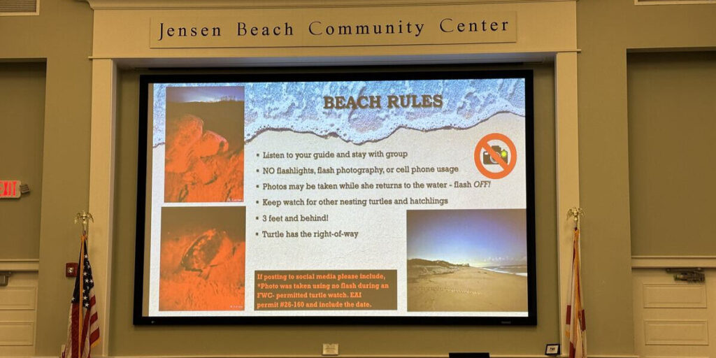 Beach rules presentation slide at Jensen Beach Community Center explaining how to behave during a sea turtle nesting walk.
