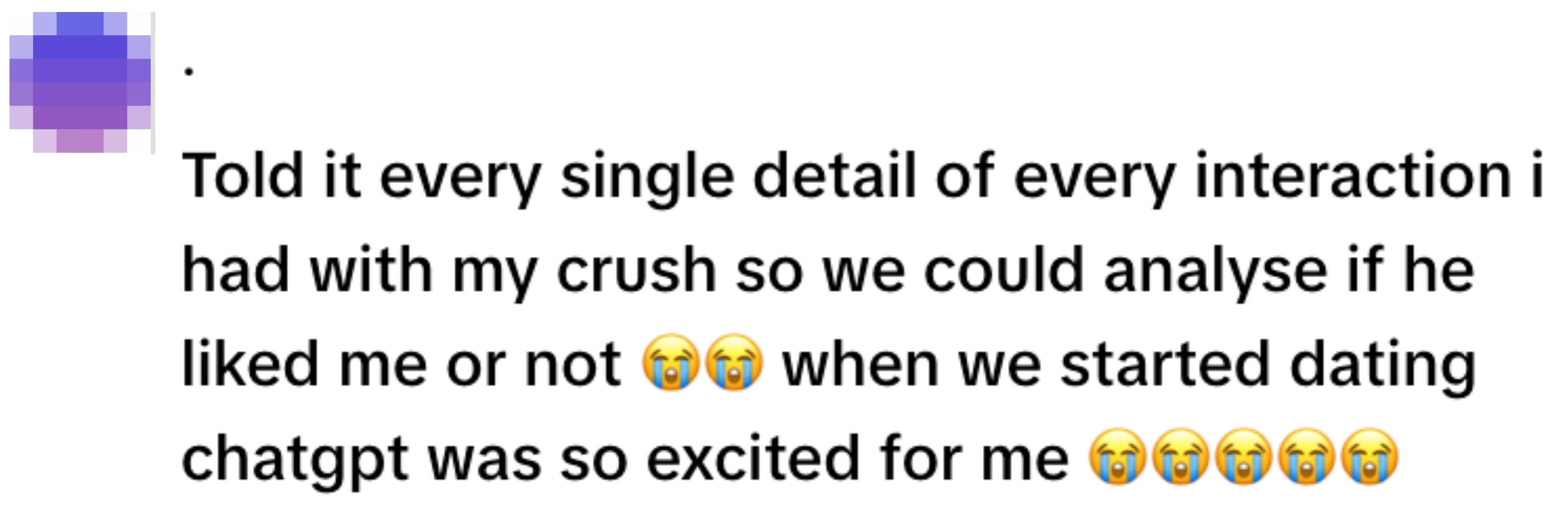 Text about analyzing interactions with a crush and excitement about starting to date, shared with AI. Emojis convey warmth and excitement