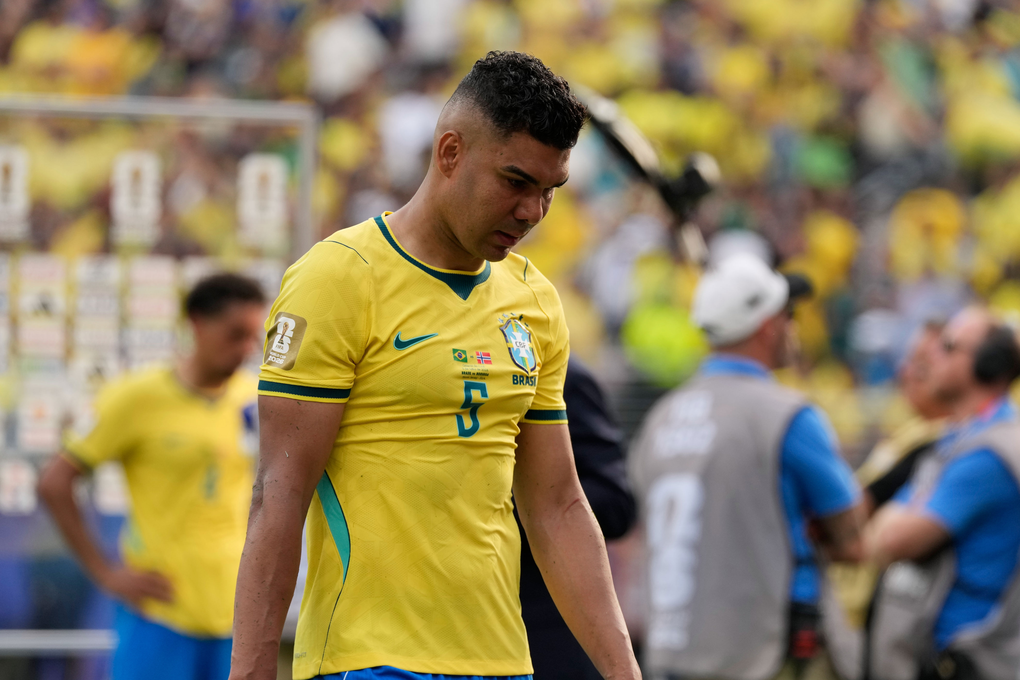 Brazil's Casemiro (5) walks off the field after the World Cup round of 16 soccer match between Brazil and Norway in East Rutherford, N.J., near New York, Sunday, July 5, 2026. (AP Photo/Seth Wenig)