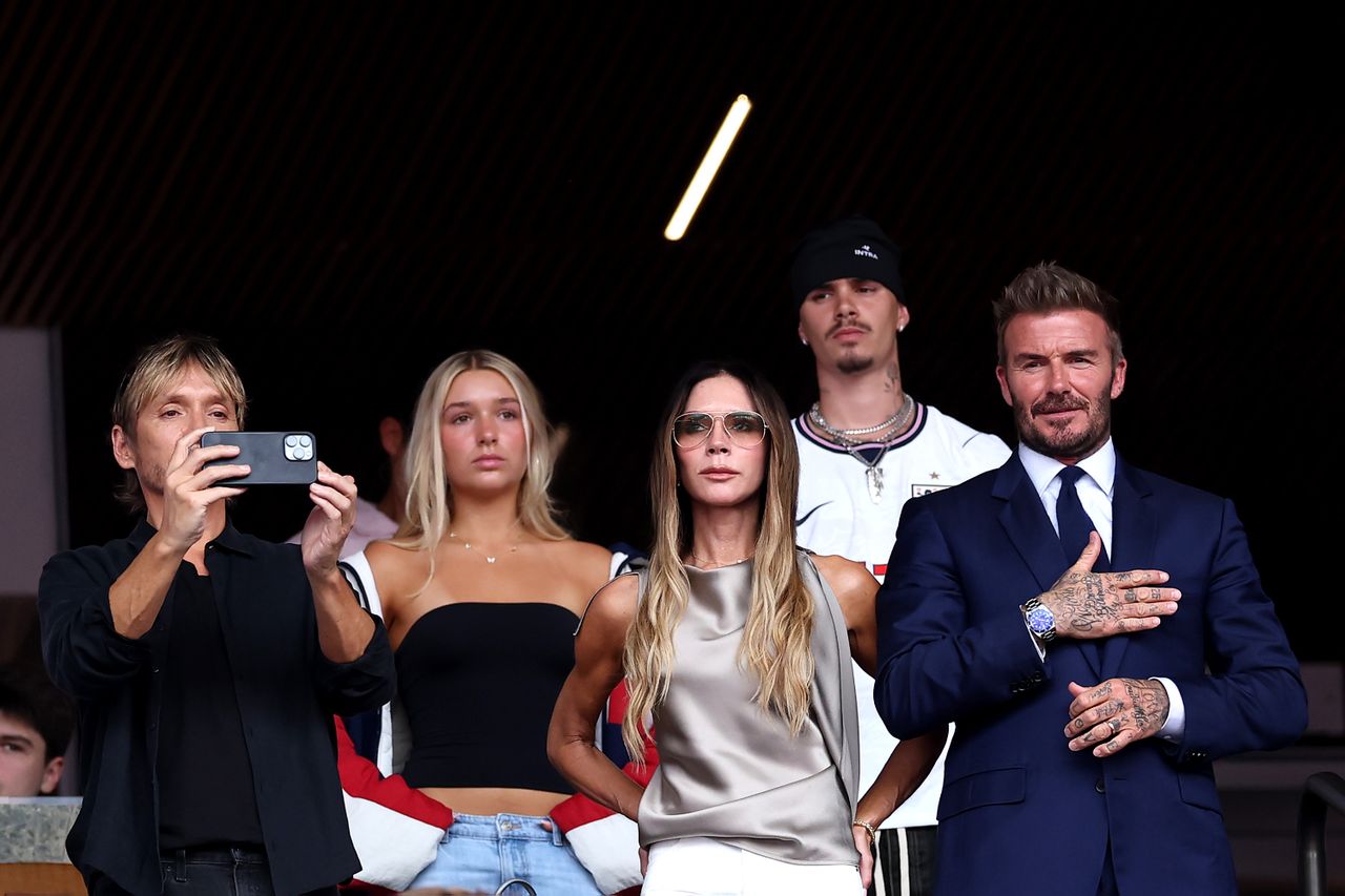 Harper Beckham, Victoria Beckham, Romeo Beckham, and David Beckham attend the FIFA World Cup 2026 Quarter Final match between Norway and England at Miami Stadium on July 11, 2026