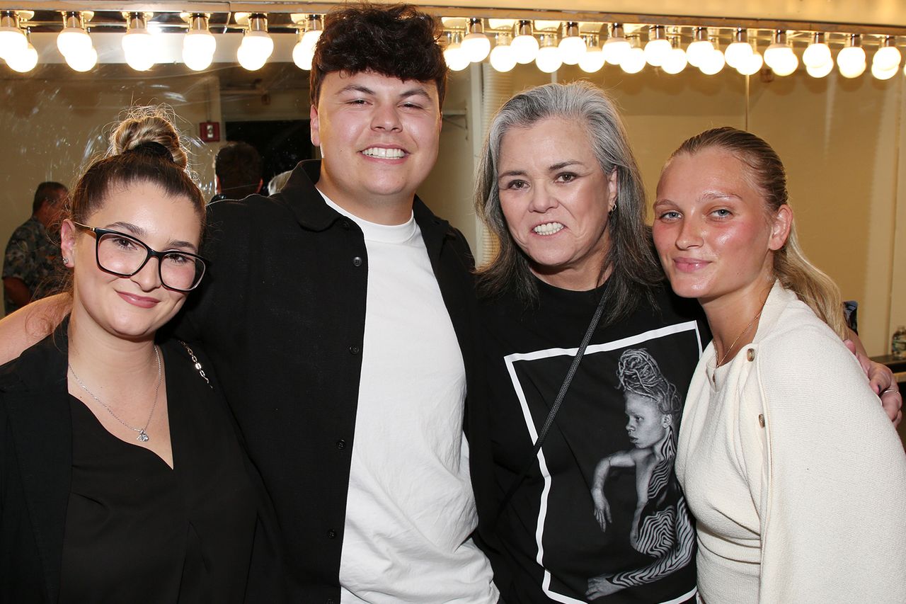 Teresa O'Donnell, Blake O'Donnell, Rosie O'Donnell and Vivian O'Donnell pose backstage after the first performance of O'Donnell's new one woman show