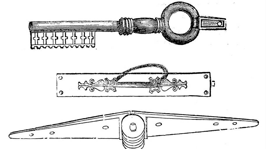 A bolt, key and hinge from Pompeii.