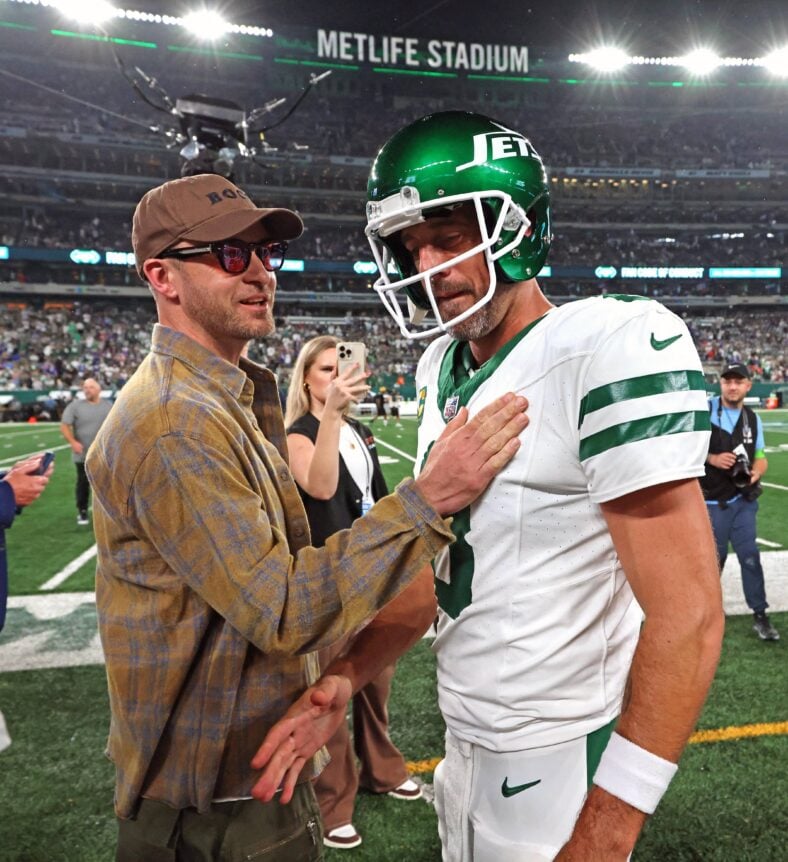 Buffalo Bills vs. New York Jets at MetLife Stadium in East Rutherford, New Jersey - New York Jets quarterback Aaron Rodgers #8, gets off a cart on his way to the locker-room after getting injured in the 1st quarter.