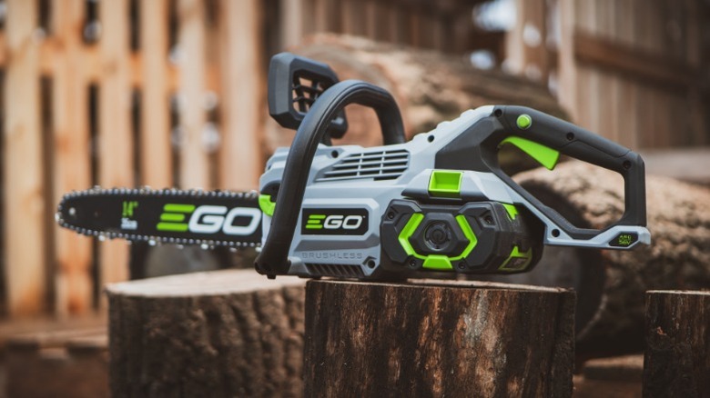 An Ego chainsaw on a cut tree stump