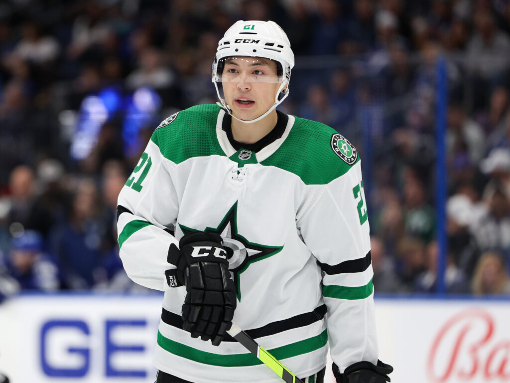 Dallas Stars left wing Jason Robertson (21) looks on at Amalie Arena