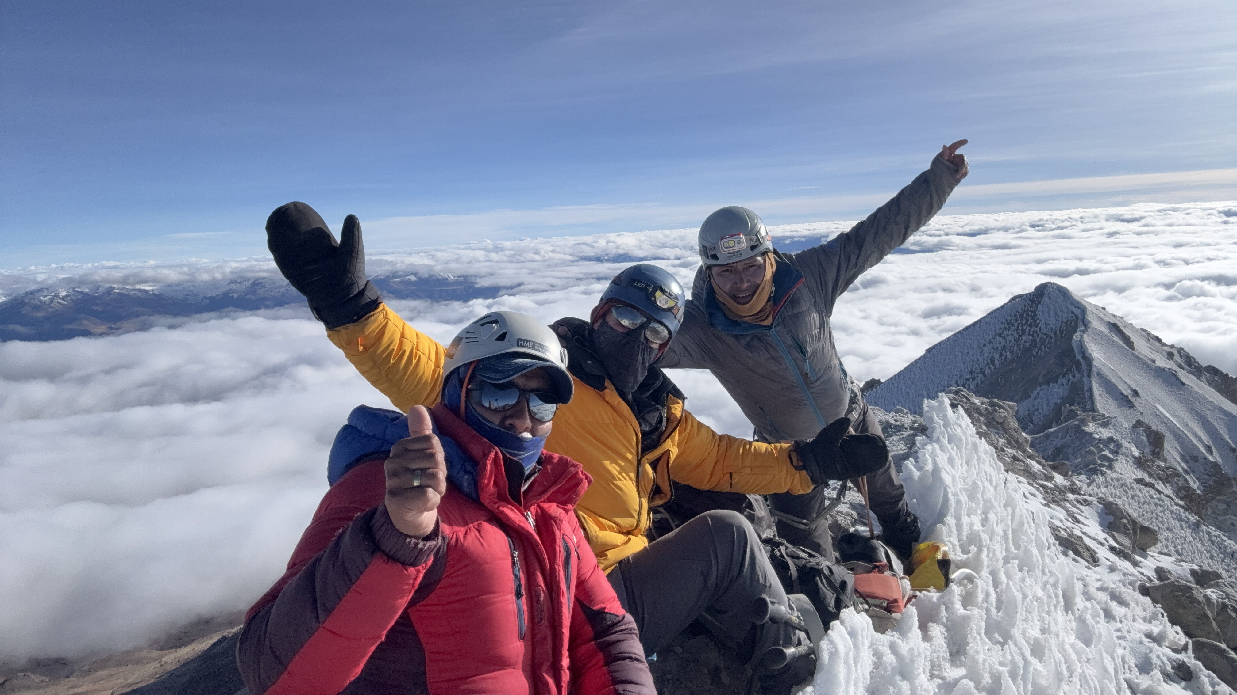 A photo of Storz and two of his colleagues on the summit of Hualca Hualca in the Central Andes.
