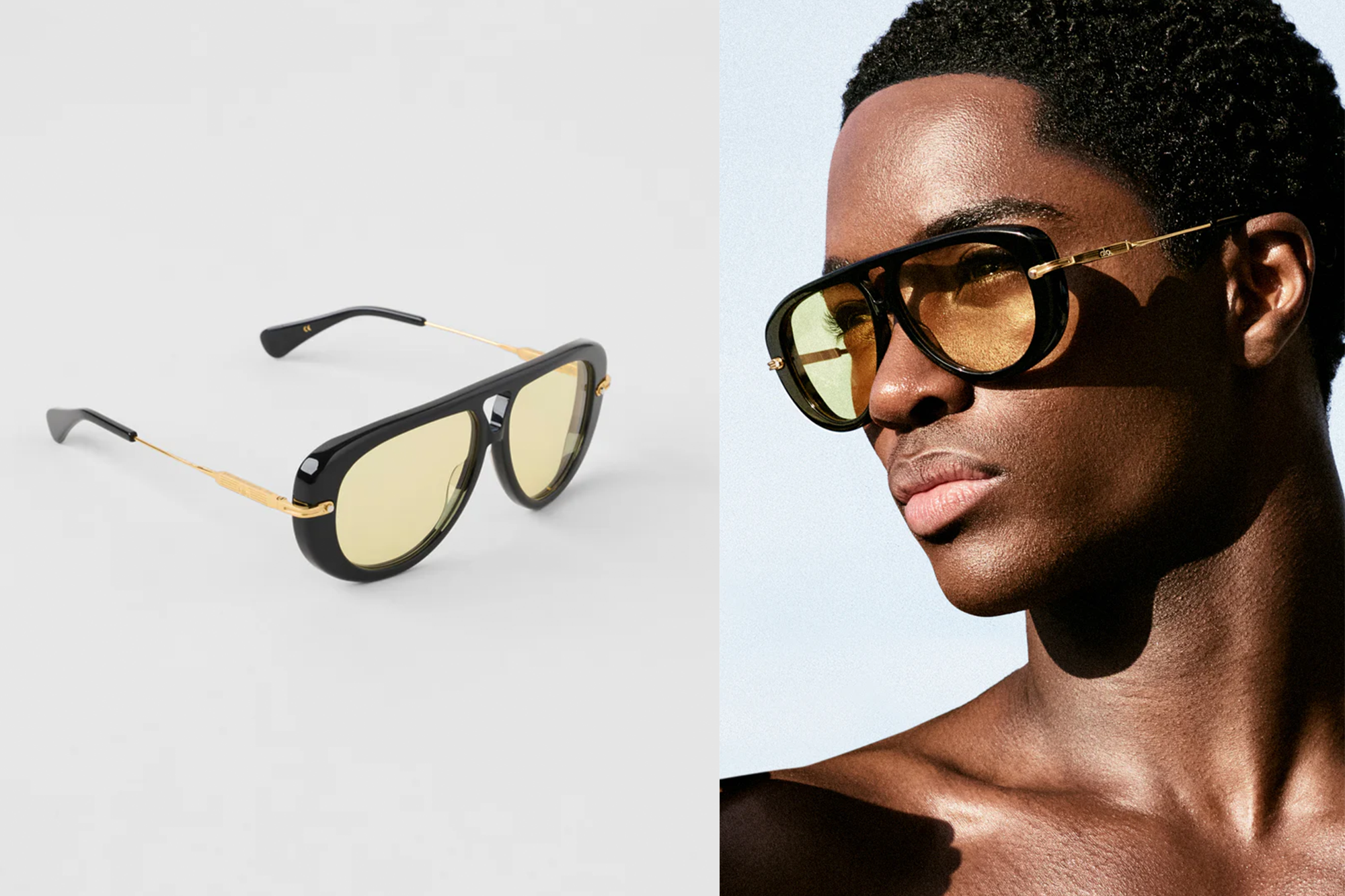 Collage of black and gold sunglasses with yellow lenses on a white background and on a man's face.