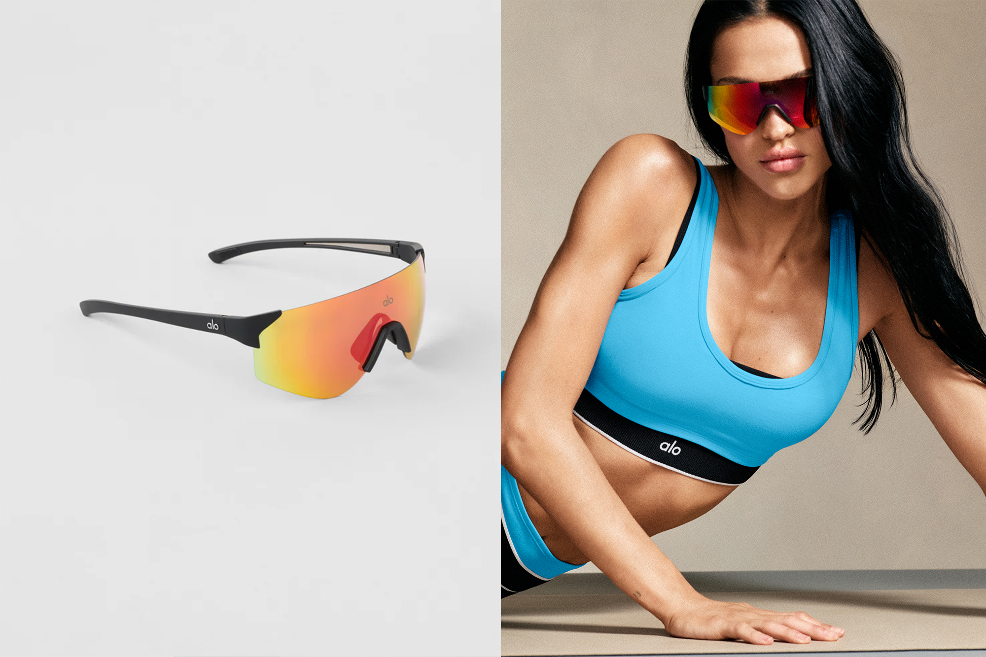 A red and yellow tinted alo sports sunglasses on a white background, and a woman wearing similar sunglasses and a blue alo sports bra.