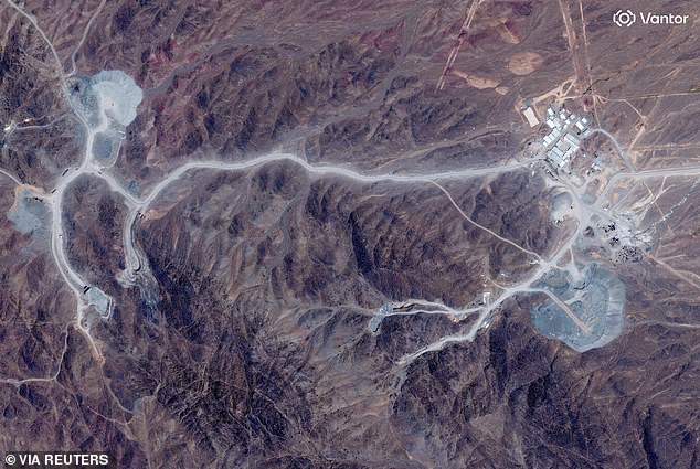 A satellite view shows tunnel entrances at Pickaxe Mountain, of the Natanz nuclear facility, near Natanz, Iran, June 30