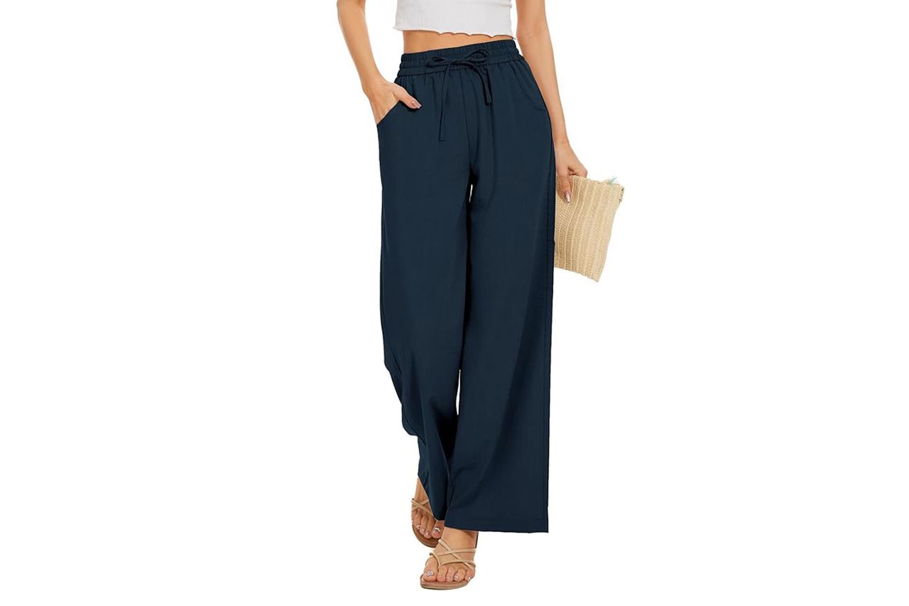 KICZOY Women Flowy Pants Drawstring Waist Wide Leg Palazzo Beach Pants Loose Fit with Pockets