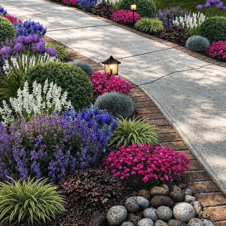 A walkway flanked by plants as outlined in the Designed By Gorovaya Front Landscape Layout