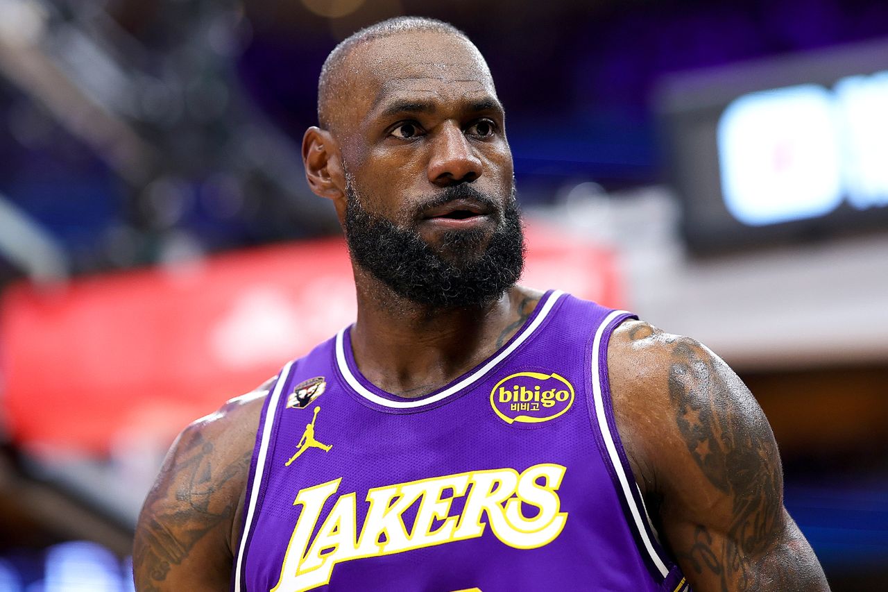 LeBron James #23 of the Los Angeles Lakers reacts after a basket against the Houston Rockets during the first half at Toyota Center on March 18, 2026 in Houston, Texas.