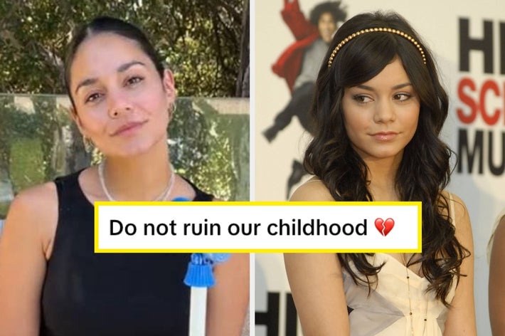 Two photos of the same actress: one candid in casual wear, the other on a red carpet in an elegant gown. Text: "Do not ruin our childhood ?"