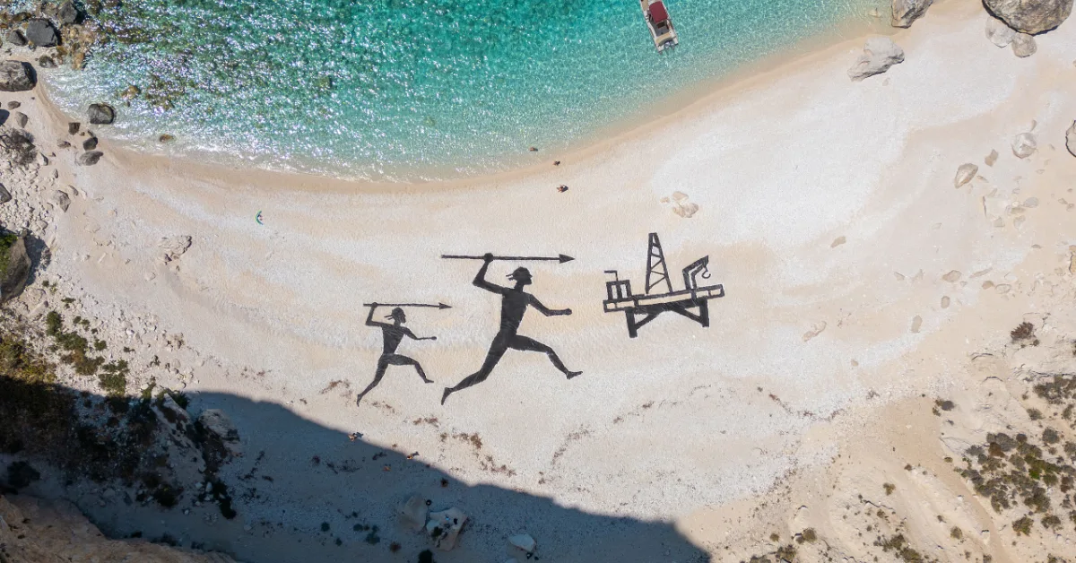 Photos: Giant 'cave drawing' protests offshore drilling on Greek isle that inspired 'The Odyssey'
