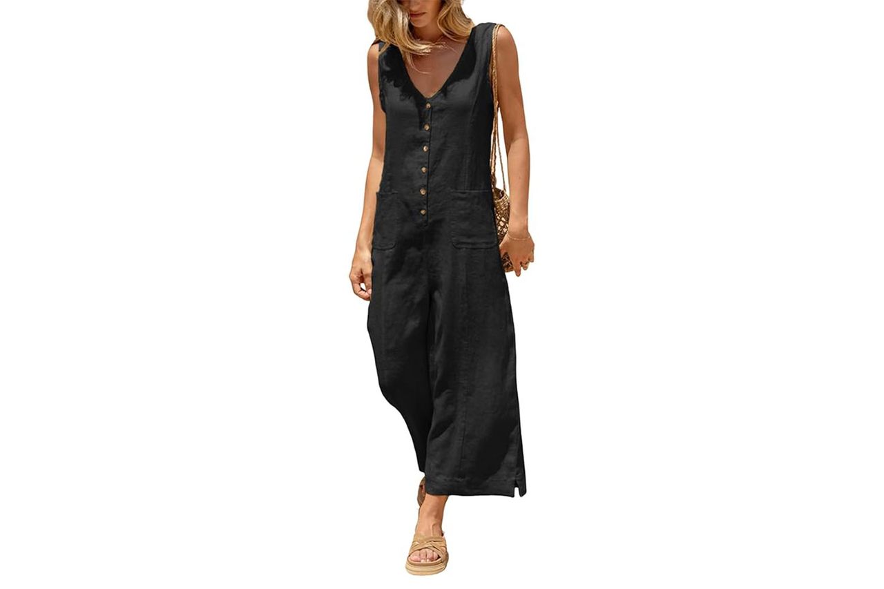 Yeokou Women Button Down Jumpsuits Cotton Linen Sleeveless Casual Wide Legs Rompers Loose Overall With Pockets