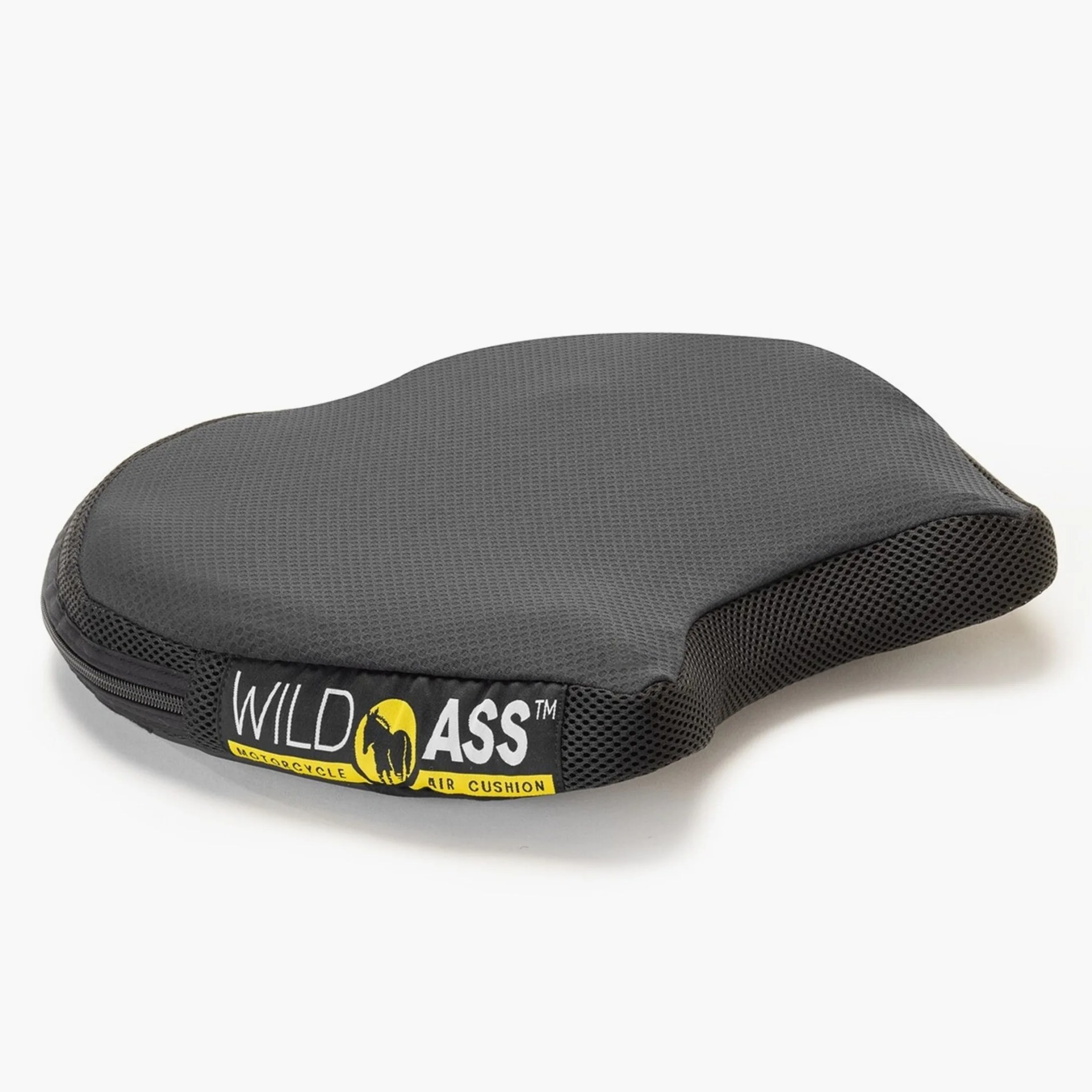 Black mesh motorcycle air cushion seat cover with "Wild Ass" logo patch in yellow and white.
