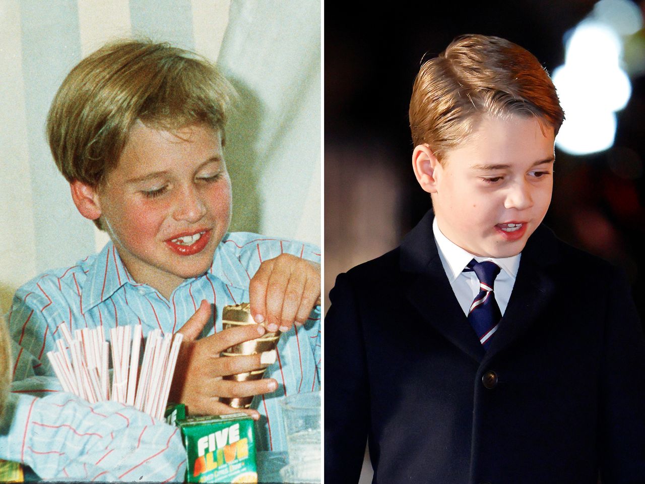 Prince George of Cambridge shown in two comparison images one from childhood and one recent