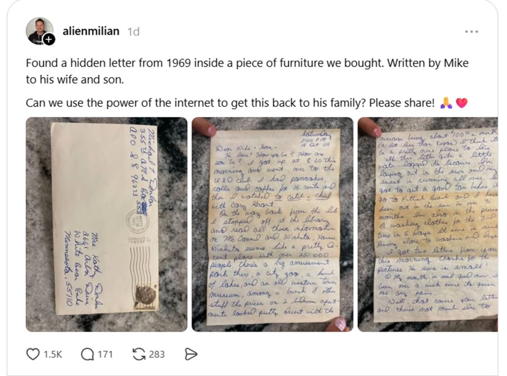 Screenshot from Threads post about 1969 letter hidden in furniture.