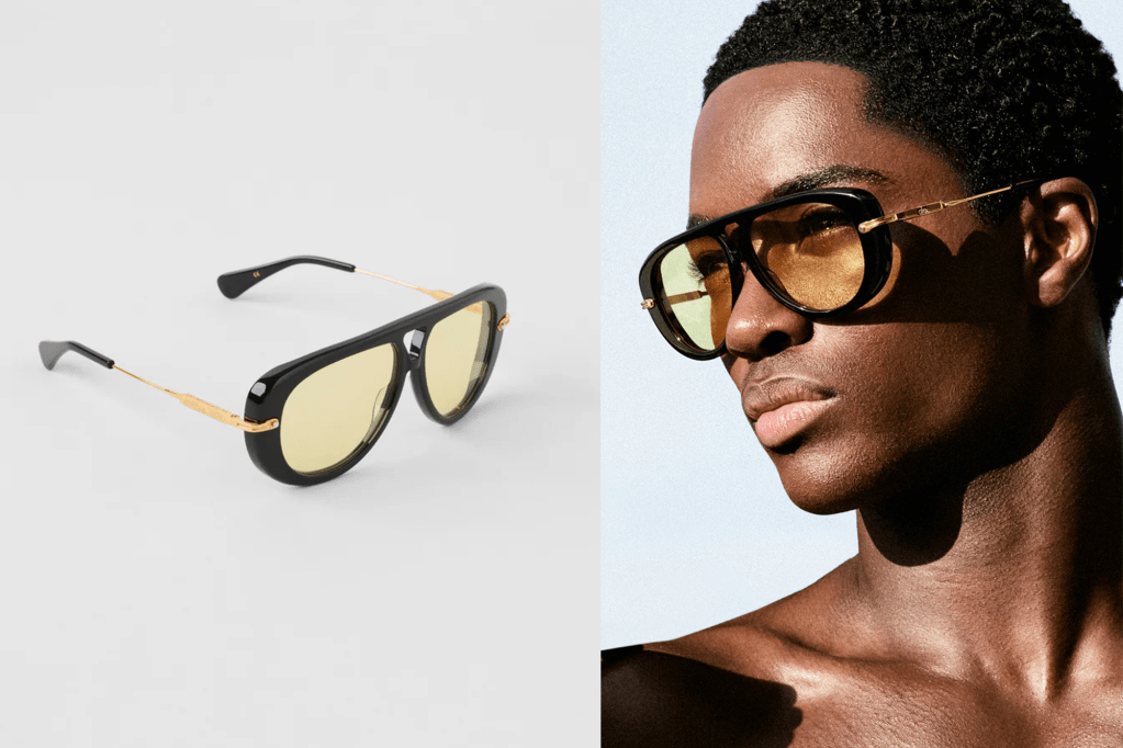 Collage of black and gold sunglasses with yellow lenses on a white background and on a man's face.