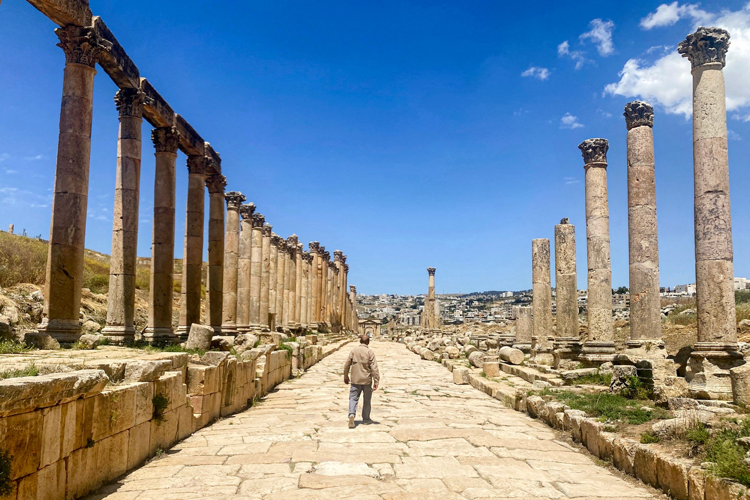 A man walks along the 800-metre-long Cardo colonnade at the ancient Roman ruins of Jerash in northern Jordan