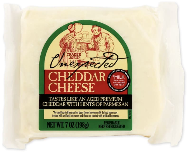 Trader Joe's Unexpected Cheddar Cheese, 7 oz, with vintage-style label.