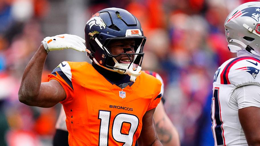 Jan 25, 2026; Denver, CO, USA; Denver Broncos wide receiver Marvin Mims Jr. (19) reacts after making a catch against the New