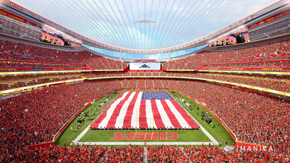 This rendering provided by the Kansas City Chiefs shows an interior view of the KC NFL team’s proposed new stadium in Kansas City, Kansas.