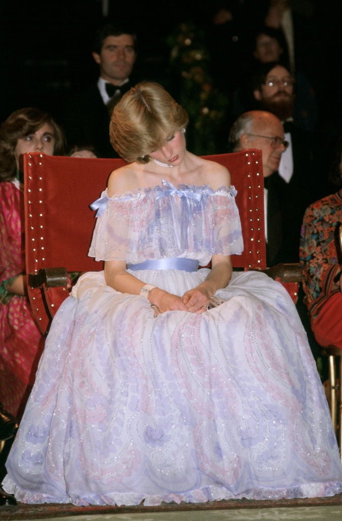 Princess Diana appears sleepy at the Victoria and Albert Museum for the Splendours of the Gonzagas Exhibition Gala in 1981, where she wore a pale blue chiffon evening gown designed by Bellville Sassoon. / Tim Graham / Tim Graham Photo Library via Get