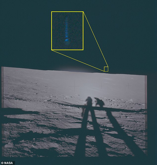 This archival photograph depicts the lunar surface as viewed from the landing site of Apollo 12. This image features a highlighted area of interest slightly to the right of the vertical axis of the frame, above the horizon, in which unidentified phenomena are visible