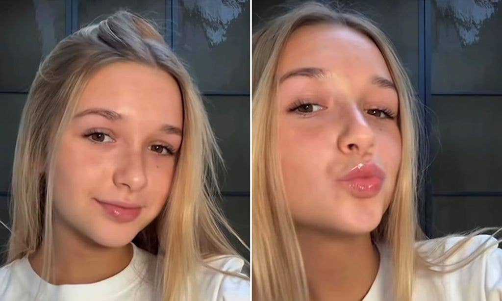 Split image of Harper Beckham using makeup