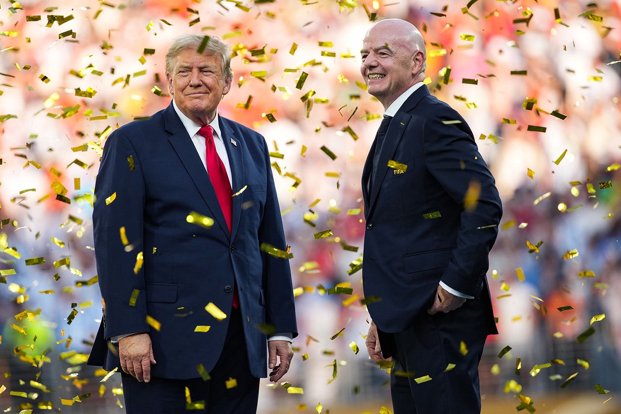 US President Donald Trump and FIFA President Gianni Infantino look on as Spain celebrates after defeating Argentina in the FIFA World Cup 2026 Final at New York New Jersey Stadium on July 19, 2026 in East Rutherford, New Jersey.