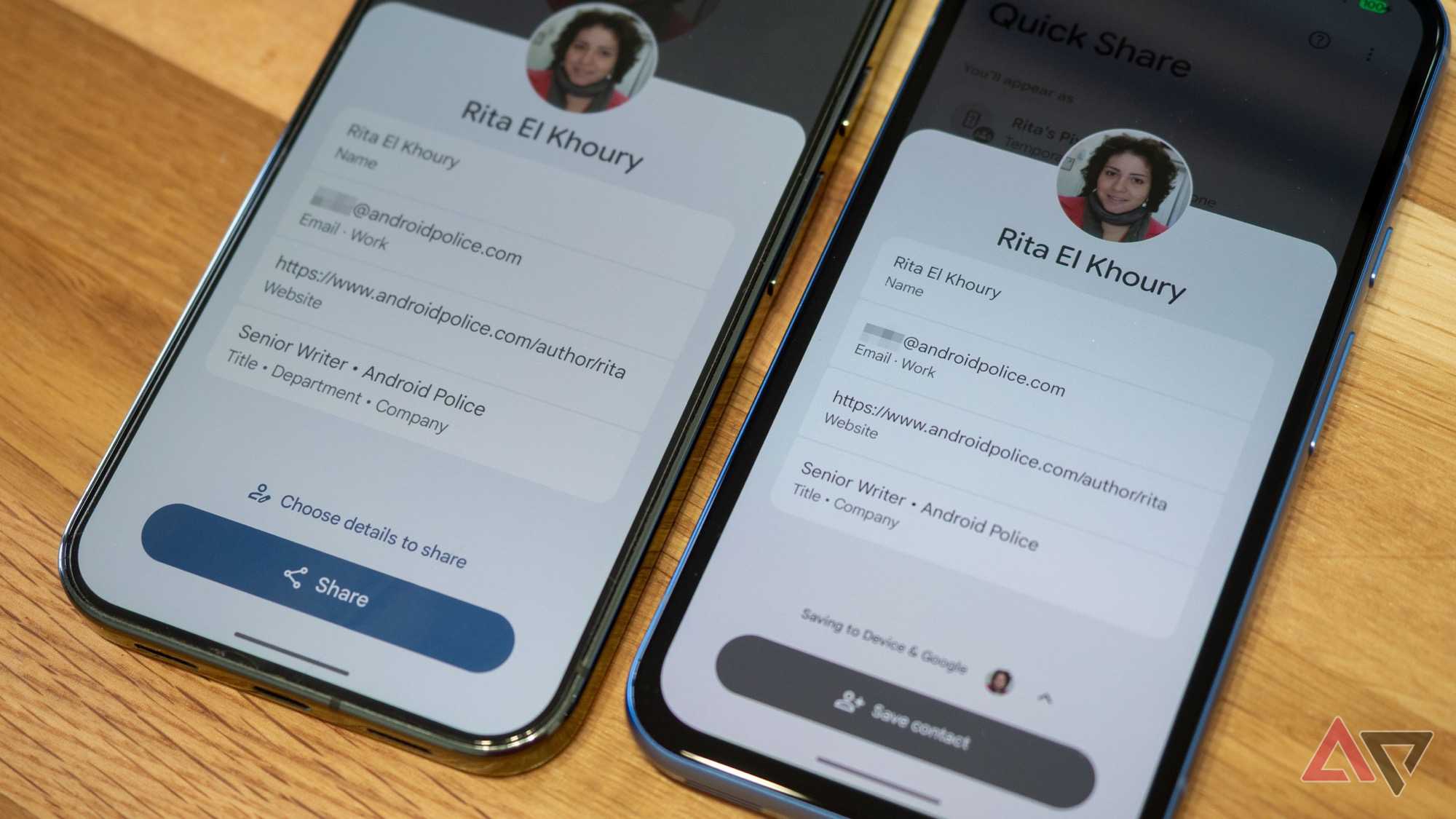 Two Pixel phones on a table showing how to share and receive a personal "Your info" card in Google Contacts